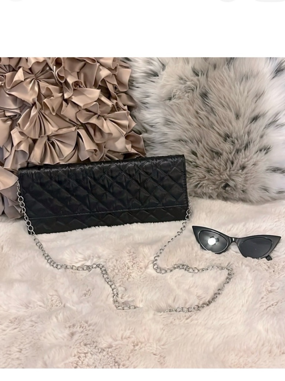 CHI Black Quilted Satin Hard Shell Clutch Crossbody Shoulder Bag Purse